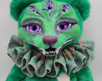 Green Oracle clay face Upcycled plush teddy bear