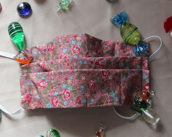 KATOEN GEZICHTSMASKER, gezichtsmasker voor vakantie, gezichtsmasker voor op reis, herbruikbaar gezichtsmasker, verstelbaar tweelaags gezichtsmasker, stoffen gezichtsmasker, bloemen gezichtsmasker