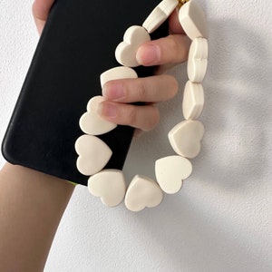 White heart shape phone charms.  Mobile phone charms, mobile phone chain accessory.  White heart phone strap.