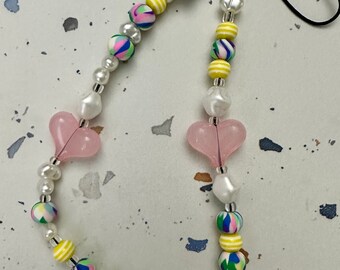 PHONE CHARMS CHAIN, Pink Heart Mobile Phone Chains, Multicoloured Phone Charms, Y2K Mobile Phone Accessory, Pearl Phone Chain Charms, Gifts