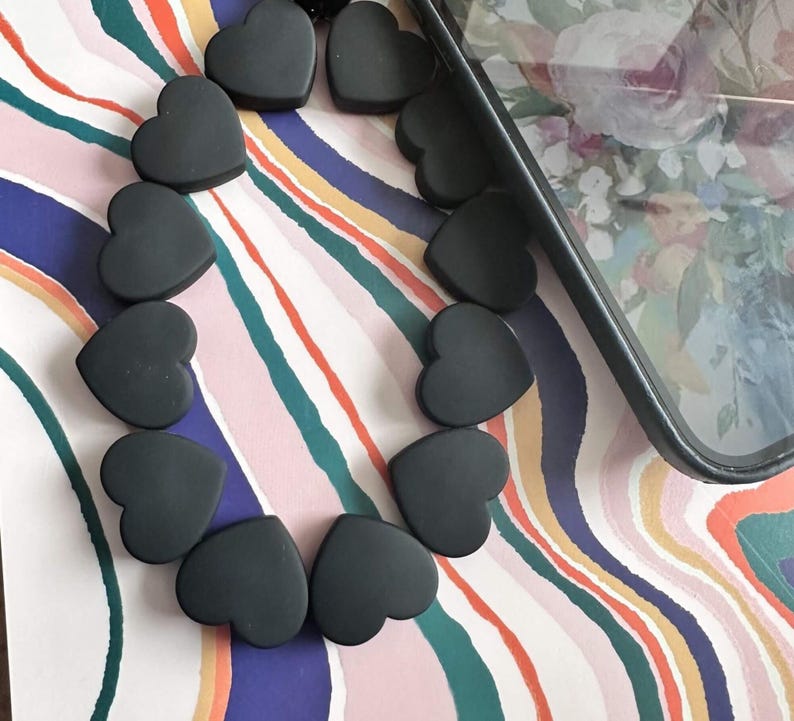 Black phone charms.  Mobile phone charms, mobile phone chain accessory.  Black heart phone strap.