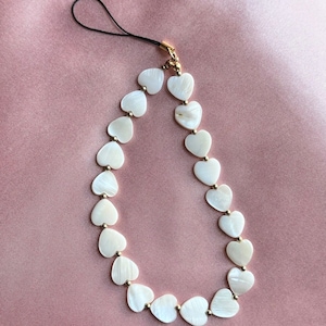 Mother of Pearl PHONE CHARM CHAINS, Mobile Phone Chain, Seashell Phone Charms, Mobile Phone Accessories, Travel Accessory Best Gift Under 10 Hearts