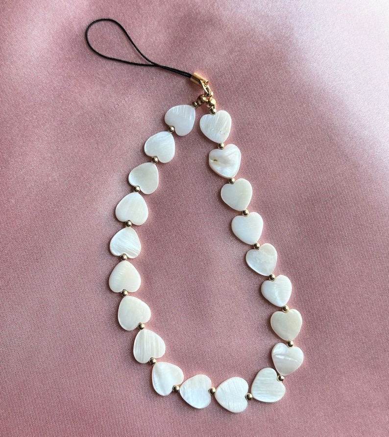 Mother of Pearl PHONE CHARM CHAINS, Mobile Phone Chain, Seashell Phone Charms, Mobile Phone Accessories, Travel Accessory Best Gift Under 10 Hearts