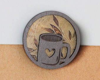 Coffee Mug Refrigerator Magnet with Heart and Decoupaged Leaves