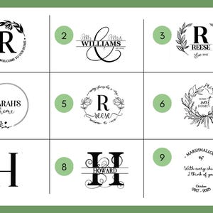 May include: A grid of nine black and white graphic designs featuring various monograms, names, and phrases including Welcome to our home, Mr & Mrs Williams, Reese, Sarah's home, Jackson, Howard, and With every chime I think of you, labeled one through nine.