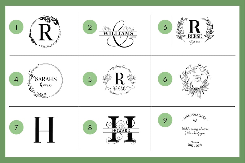 May include: A grid of nine black and white graphic designs featuring various monograms, names, and phrases including Welcome to our home, Mr & Mrs Williams, Reese, Sarah's home, Jackson, Howard, and With every chime I think of you, labeled one through nine.