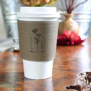 Personalized Vegan Leather Coffee Sleeve - Laser Engraved Reusable Cup Cozy