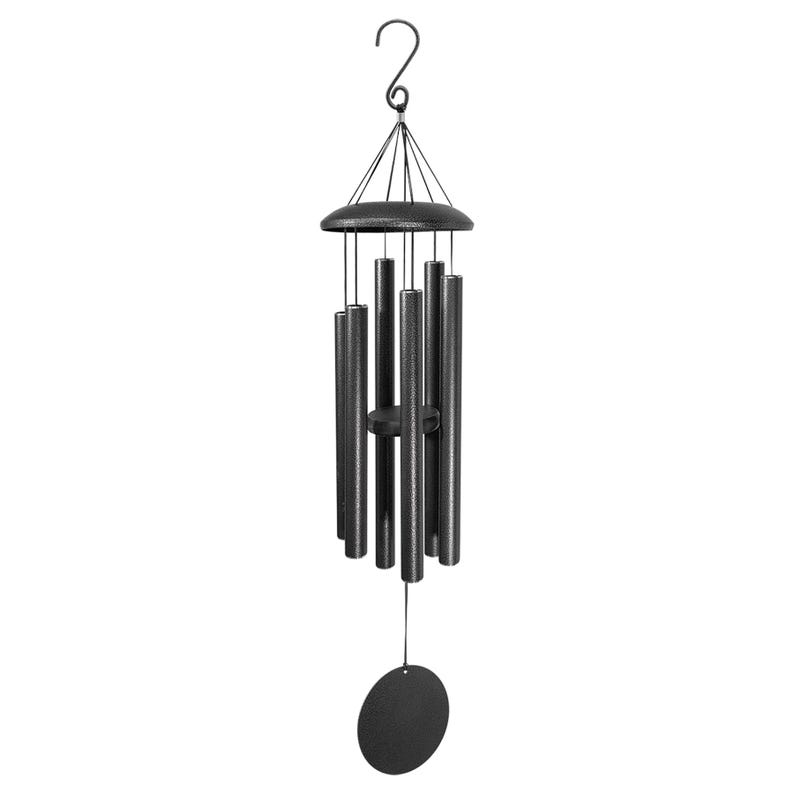 May include: A black wind chime featuring six cylindrical tubes of varying lengths suspended from a circular top platform. The structure includes a central circular striker and a round wind catcher at the bottom, all connected by thin black cords.