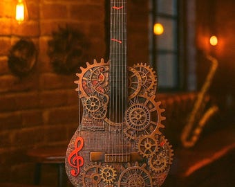 Exclusiva guitarra steampunk decoración de pared 3D, hecha a mano, cuadros de pared steampunk 3D, decoración industrial, decoración musical,