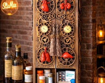Gabinete de medicina steampunk grande exclusivo, gabinete de primeros auxilios, botiquín de primeros auxilios, gabinete de boticario