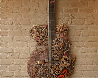 Exclusiva guitarra steampunk decoración de pared 3D, hecha a mano, cuadros de pared steampunk 3D, decoración industrial, decoración musical,