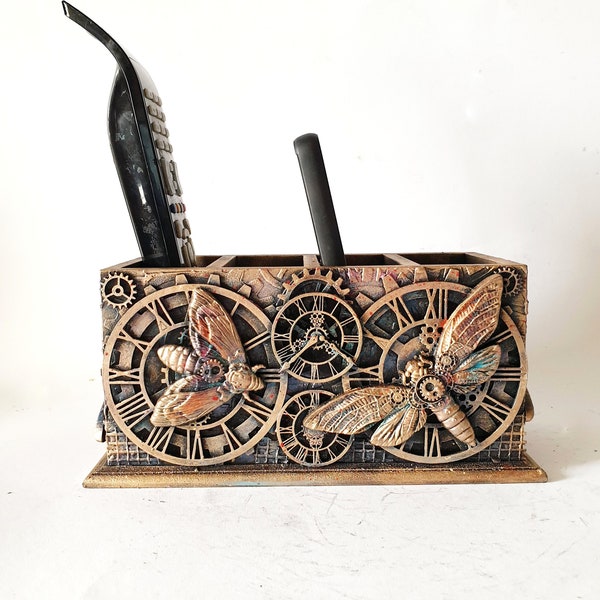 Support de télécommande TV, support de téléphone portable, support de carte de visite,boîte de rangement pour télécommandes TV, steampunk