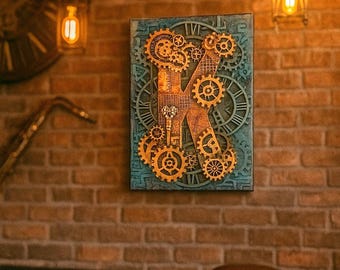 Lienzo Steampunk exclusivo hecho a mano, arte de pared Steampunk 3D, cuadro con letra, decoración de pared con la letra K