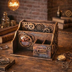 Desk organizer, stationery storage, business card box, office supplies, office furniture, steampunk