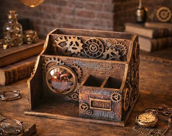 Organizador de escritorio, almacenamiento de papelería, caja de tarjetas de visita, material de oficina, mobiliario de oficina, steampunk