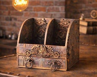Organizador de escritorio grande exclusivo steampunk, almacenamiento de papelería, caja para tarjetas de visita, suministros de oficina