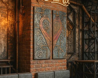 Steampunk exclusivo hecho a mano en lienzo, juego de 2 cuadros de pared en 3D steampunk, decoración de pared steampunk hecha a mano 2 piezas