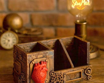 Organizador de escritorio, almacenamiento de papelería, caja de tarjetas de visita, material de oficina, mobiliario de oficina, steampunk