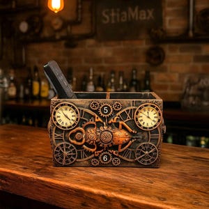Può includere: Una scatola in stile steampunk con quadranti e ingranaggi complessi. La scatola è marrone e dorata, con numeri romani sui quadranti. Un telecomando nero è all'interno. Lo sfondo mostra un bar con la scritta "StiaMax".