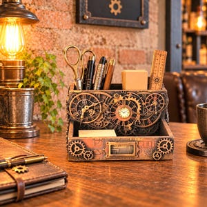 Puede incluir: Un organizador de escritorio rectangular con un motivo de engranajes mecánicos en tonos bronce y cobre. El frente muestra múltiples esferas de reloj, engranajes interconectados y un portaetiquetas. Contiene tijeras, bolígrafos, una regla de madera y notas.