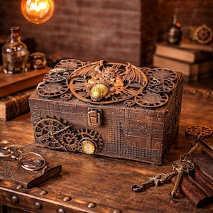 Op de afbeelding: Een houten kist in steampunk-stijl met ingewikkelde tandwiel- en uurwerkontwerpen. De kist heeft een bronzen afwerking, een centraal embleem en een grendel. Extra tandwielen en een kleine klok zijn zichtbaar aan de voorkant. Sleutels en brillen liggen op het houten oppervlak.