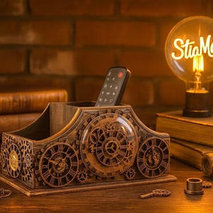 Könnte beinhalten: Ein Holz-Schreibtisch-Organizer mit Steampunk-Uhrendesign, der eine Fernbedienung hält. Der Organizer weist komplizierte Zahnrad- und Zifferblattdetails auf. Eine beleuchtete Glühbirne mit "StiaMax" befindet sich im Hintergrund, zusammen mit Büchern und dekorativen Zahnrädern.