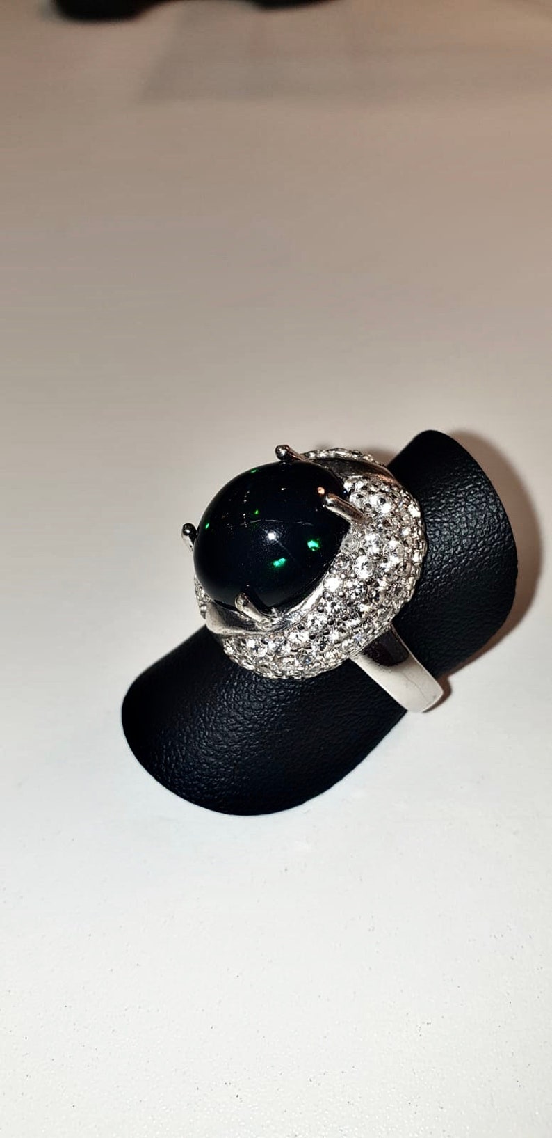 Black Opal Ring Round Shaped,Cubic Zircon With 100/% Natural Opal,Sterling Silver,Size:7,Oval Shaped Opal,Truely a Black Beauty.