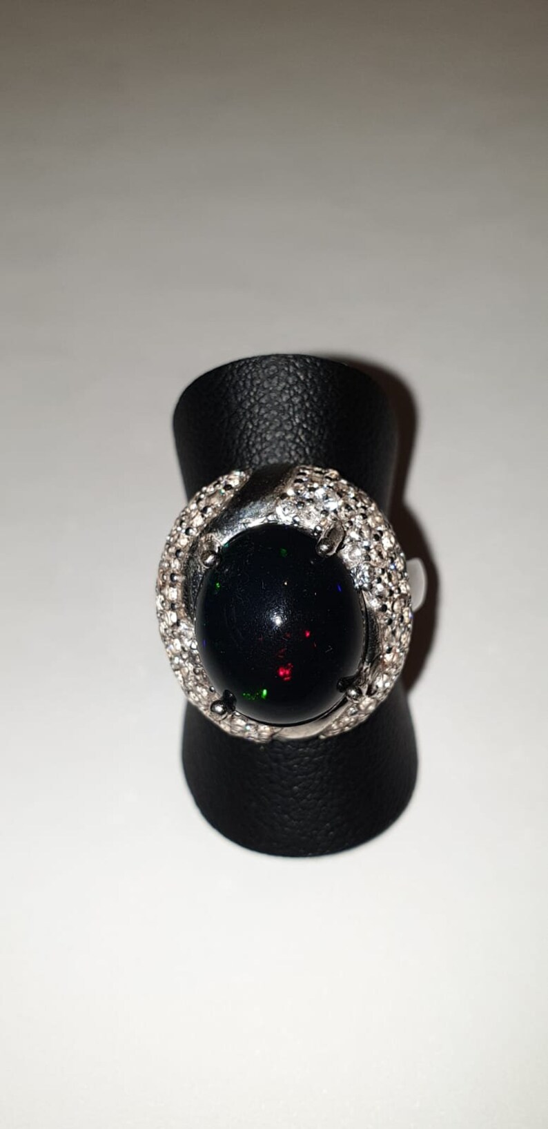 Black Opal Ring Round Shaped,Cubic Zircon With 100/% Natural Opal,Sterling Silver,Size:7,Oval Shaped Opal,Truely a Black Beauty.