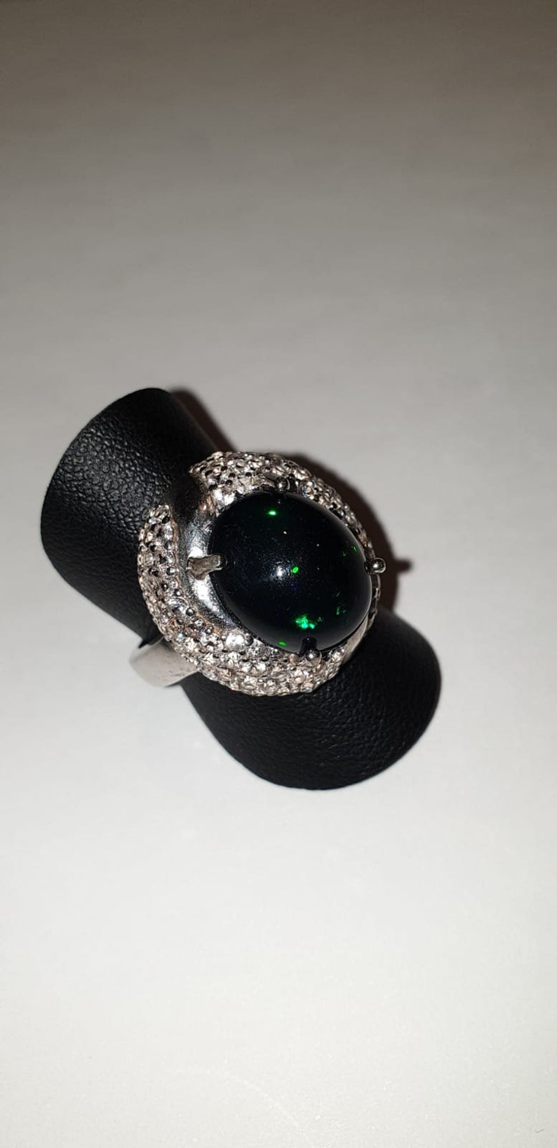 Black Opal Ring Round Shaped,Cubic Zircon With 100/% Natural Opal,Sterling Silver,Size:7,Oval Shaped Opal,Truely a Black Beauty.