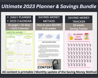 Printable 2023 Planner and Saving Bundle | 13780 USD Saving Method & Saving Tracker 2023 Calendar with Picture Frame | PDF Instant Download