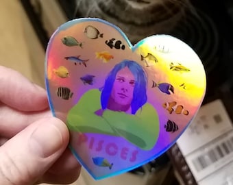 Kurt Cobain/Poissons - Sticker holographique en vinyle brillant - 3" x 2,88"