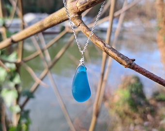 Sea glass necklace, sterling silver, blue sea glass pendant, cultured sea glass jewellery, turquoise, beach glass, handmade jewelry