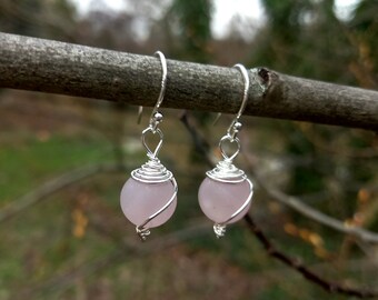 Rose quartz earrings, sterling silver drop earrings, gemstone jewelry, matte rose quartz earrings, minimalist earrings, gift for her