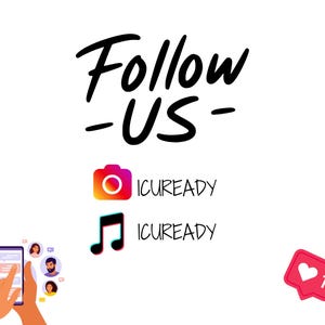 K&ouml;nnte beinhalten: Folge uns Grafik mit Social-Media-Icons f&uuml;r Instagram, TikTok und Facebook. Das Instagram-Symbol ist eine Kamera, das TikTok-Symbol ist eine Musiknote und das Facebook-Symbol ist ein Herz. Der Text "ICUREADY" befindet sich unter jedem Symbol.