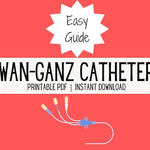 Op de afbeelding: Een witte banner met de tekst "SWAN-GANZ CATHETERS" in zwarte vetgedrukte letters. Onder de banner staat de tekst "PRINTABLE PDF | INSTANT DOWNLOAD" in zwart. Een witte ster met de tekst "Easy Guide" in zwart staat bovenaan de afbeelding. Een medische illustratie van een Swan-Ganz-katheter is te zien in de linkerbenedenhoek van de afbeelding.
