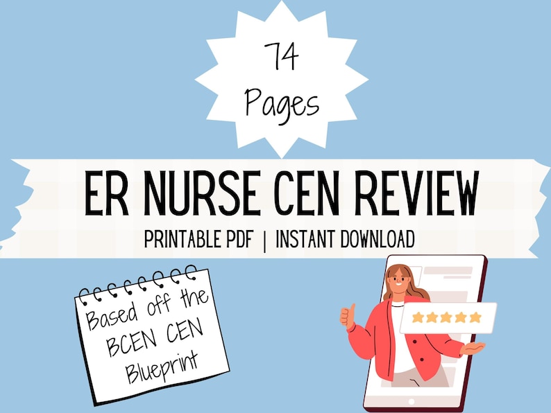 K&ouml;nnte beinhalten: Ein digitaler Download f&uuml;r einen ER Nurse CEN-Pr&uuml;fungsleitfaden. Der Leitfaden basiert auf dem BCEN CEN-Lehrplan und umfasst 74 Seiten druckbaren Inhalts. Das Bild zeigt eine Cartoon-Illustration einer Person, die den Daumen nach oben zeigt und eine F&uuml;nf-Sterne-Bewertung.