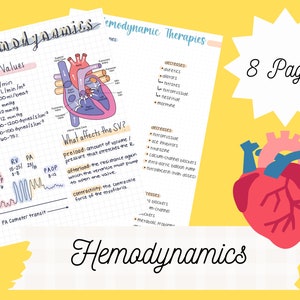Op de afbeelding: Een kleurrijke illustratie van een menselijk hart met pijlen die de bloedstroom aangeven. De illustratie bevindt zich op een geruit blad met handgeschreven aantekeningen over hemodynamica, inclusief normale waarden voor hartminuutvolume, slagvolume en systemische vaatweerstand. De pagina bevat ook een grafiek die drukmetingen in verschillende delen van het hart weergeeft.