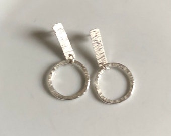 Hammered 925 Silver Organic Open Circle and Bar Stud Earrings, Sterling Silver Bar and Circle Studs, Organic Silver Stud Earrings, 925 studs