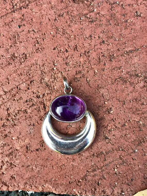 Vintage Stone Age Sterling Silver Crescent Moon Pendant • Amethyst Cabochon