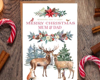 Nan & Grandad Stag & Doe Deer Design Christmas Card Lovely Verse