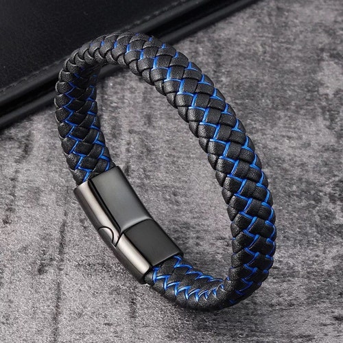 Simple Blue & Black Leather Mens Bracelet | Etsy