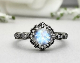 Moonstone Sterling Silver | Moonstone Engagement | Black Rhodium Art Deco Ring| Natural Rainbow Moonstone | Halo Wedding Ring | Ring Women