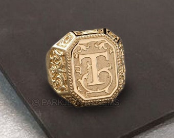 Personalized Mens Signet Ring | Mens Signet Ring | Big Signet Ring | Initial Gold Vermeil Ring | Unique Gifts Ring Engraved 3D Ring Letter