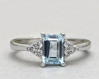 Emerald Cut Aquamarine Ring | Aquamarine Vintage Engagement Ring | Art Deco Promise Ring | March Birthstone Ring|Anniversary Gifts For Women