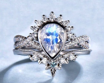 Rose Gold Moonstone Ring Set | Vintage Moonstone Engagement Ring Set | High Quality Cubic Zircon Ring | Moonstone Pear Ring | Art Deco Ring