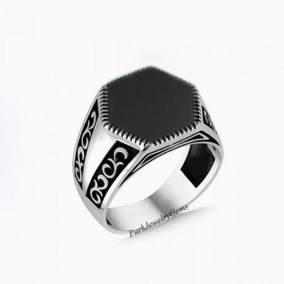 925 Sterling Silver Mens Ring Black Stone Ring Hexagon Etsy