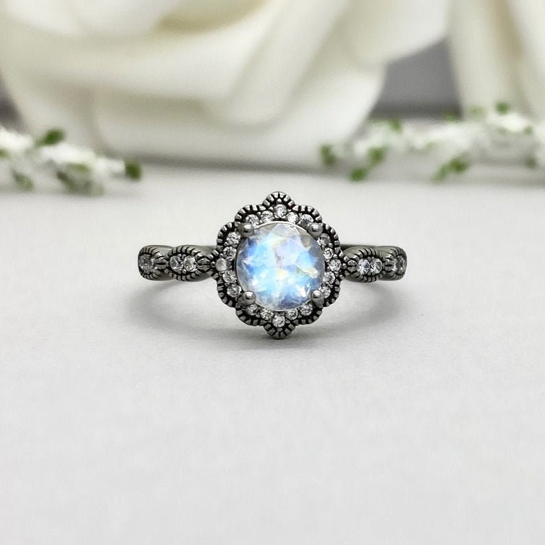 Moonstone Sterling Silver | Moonstone Engagement | Black Rhodium Art Deco Ring| Natural Rainbow Moonstone | Halo Wedding Ring | Ring Women