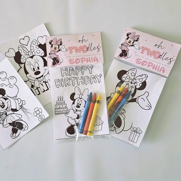 Personalized Minnie Mouse Coloring Party Favor Bags, Birthday Goodie Inserts