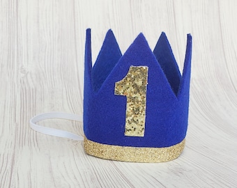 Första födelsedagen kunglig prinskrona - Första födelsedagshatt - Första födelsedagskrona - Kungliga födelsedagsdekorationer - Cake Smash - Kunglig blå födelsedagshatt