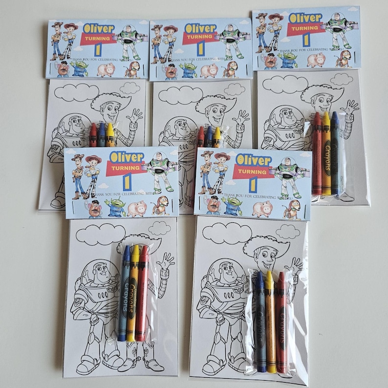 Recuerdos de fiesta de Toy Story, Mini hojas para colorear y crayones, Dos recuerdos de fiesta de "Infinito y más allá", Bolsa personalizada de recuerdos de fiesta de Toy Story imagen 8